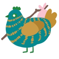 A teal and gold chicken with a bar pattern