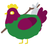 A viridian and wine chicken with a head pattern