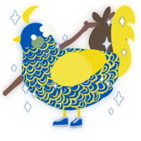 A ultramarine and yellow chicken with a double-lace pattern