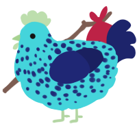 A aqua and navy chicken with a speckle pattern