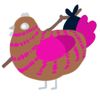 A brown and fuchsia chicken with a bar pattern