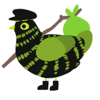 A black and chartreuse chicken with a bar pattern