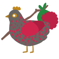A grey and crimson chicken with a speckle pattern