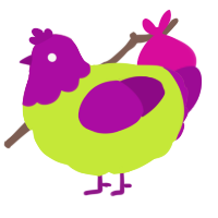 A lime and plum chicken with a head pattern