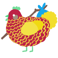 A crimson and yellow chicken with a lace pattern