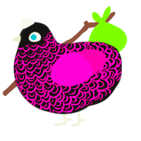 clover field, a black and fuchsia chicken with a double-lace pattern