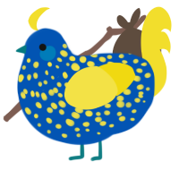 A ultramarine and yellow chicken with a speckle pattern