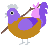 A ochre and blurple chicken with a head pattern