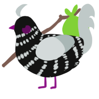 A black and silver chicken with a bar pattern
