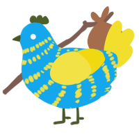A sky and yellow chicken with a bar pattern