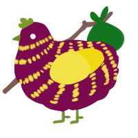 A wine and yellow chicken with a bar pattern