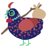 A navy and red chicken with a speckle pattern