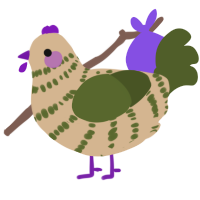A beige and olive chicken with a bar pattern