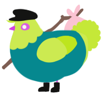 A teal and lime chicken with a head pattern