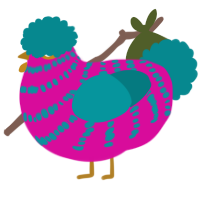 A fuchsia and teal chicken with a bar pattern