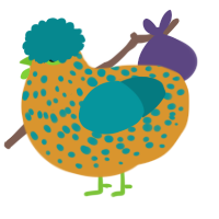 A orange and teal chicken with a speckle pattern
