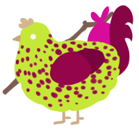 A lime and maroon chicken with a speckle pattern