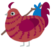 turkey leg, a red and maroon chicken with a bar pattern