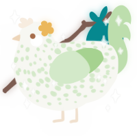 A white and gluppy chicken with a speckle pattern