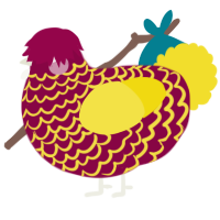 A maroon and yellow chicken with a lace pattern