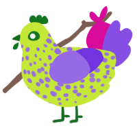 A lime and blurple chicken with a speckle pattern