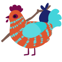 A vermilion and aqua chicken with a bar pattern