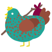 A turquoise and russet chicken with a speckle pattern