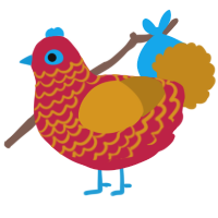A crimson and ochre chicken with a lace pattern