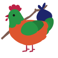 KATSUKI, a vermilion and viridian chicken with a head pattern