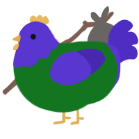 A leaf and indigo chicken with a head pattern