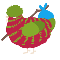A crimson and chartreuse chicken with a bar pattern