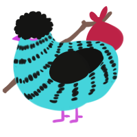 A aqua and black chicken with a bar pattern