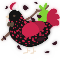 A black and crimson chicken with a speckle pattern