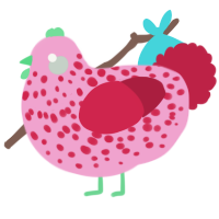 A pink and crimson chicken with a speckle pattern