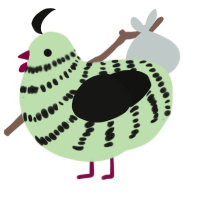Mint, a gluppy and black chicken with a bar pattern