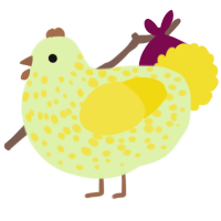 A apple and yellow chicken with a speckle pattern