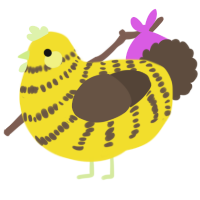 A yellow and bark chicken with a bar pattern