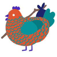 A vermilion and teal chicken with a lace pattern