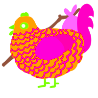A ochre and fuchsia chicken with a lace pattern