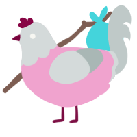 A pink and silver chicken with a head pattern