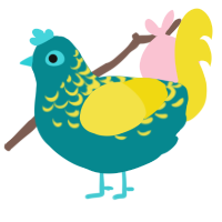A teal and yellow chicken with a half-lace pattern