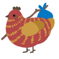 A red and gold chicken with a bar pattern