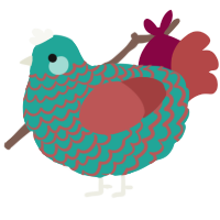 A turquoise and red chicken with a lace pattern