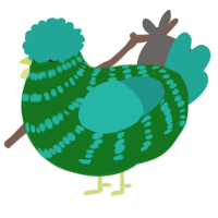 A leaf and turquoise chicken with a bar pattern