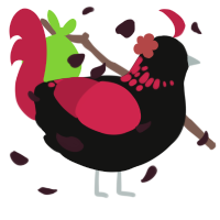 Xalia, a black and crimson chicken with a neck-speckle pattern