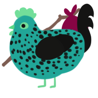 A turquoise and black chicken with a speckle pattern