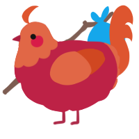 A crimson and vermilion chicken with a head pattern