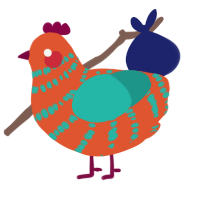 A vermilion and turquoise chicken with a bar pattern