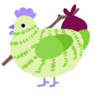 A apple and grass chicken with a bar pattern