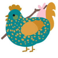 A teal and orange chicken with a speckle pattern